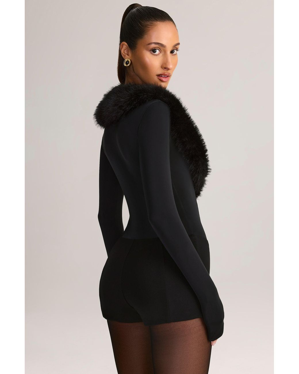 Oh Polly Black Faux Fur-Trim Corset Playsuit