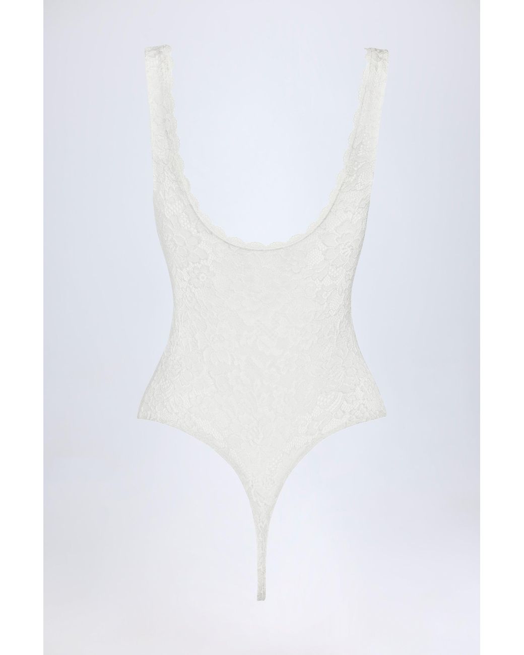 Oh Polly White Sheer Lace Scalloped Plunge-Neck Bodysuit