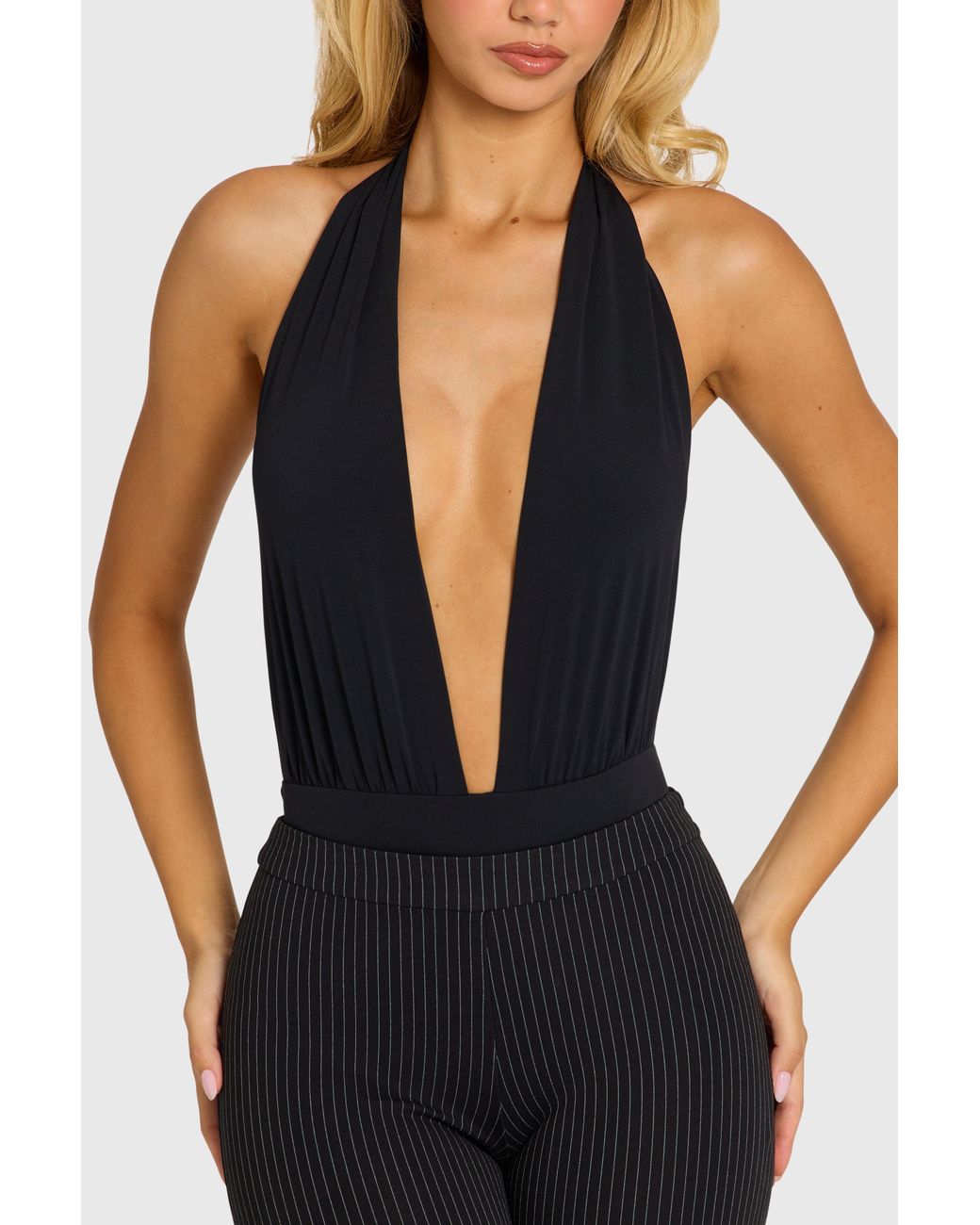 Oh Polly Black Plunge Halterneck Bodysuit