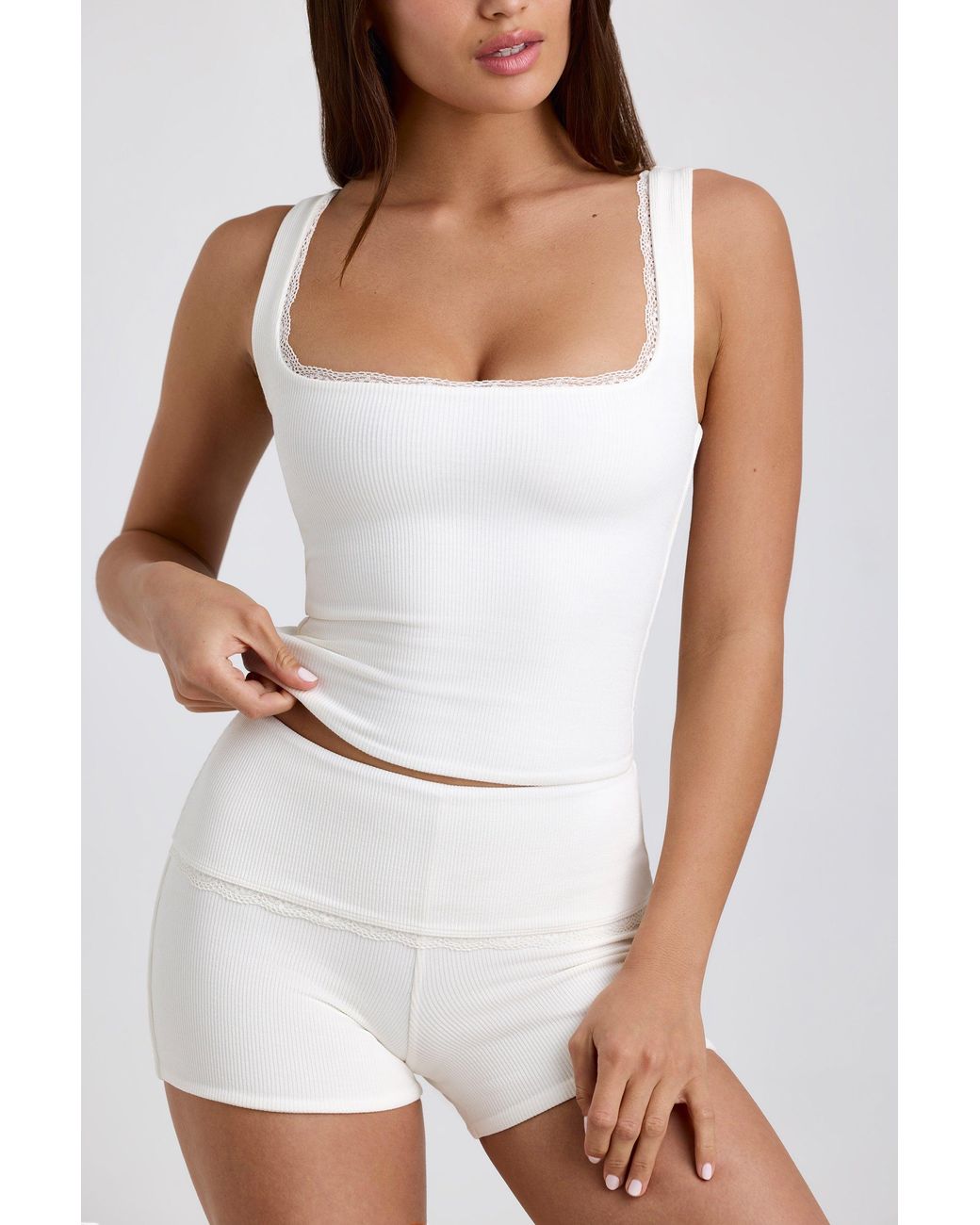 Oh Polly White Ribbed Modal Lace-Trim Tank Top