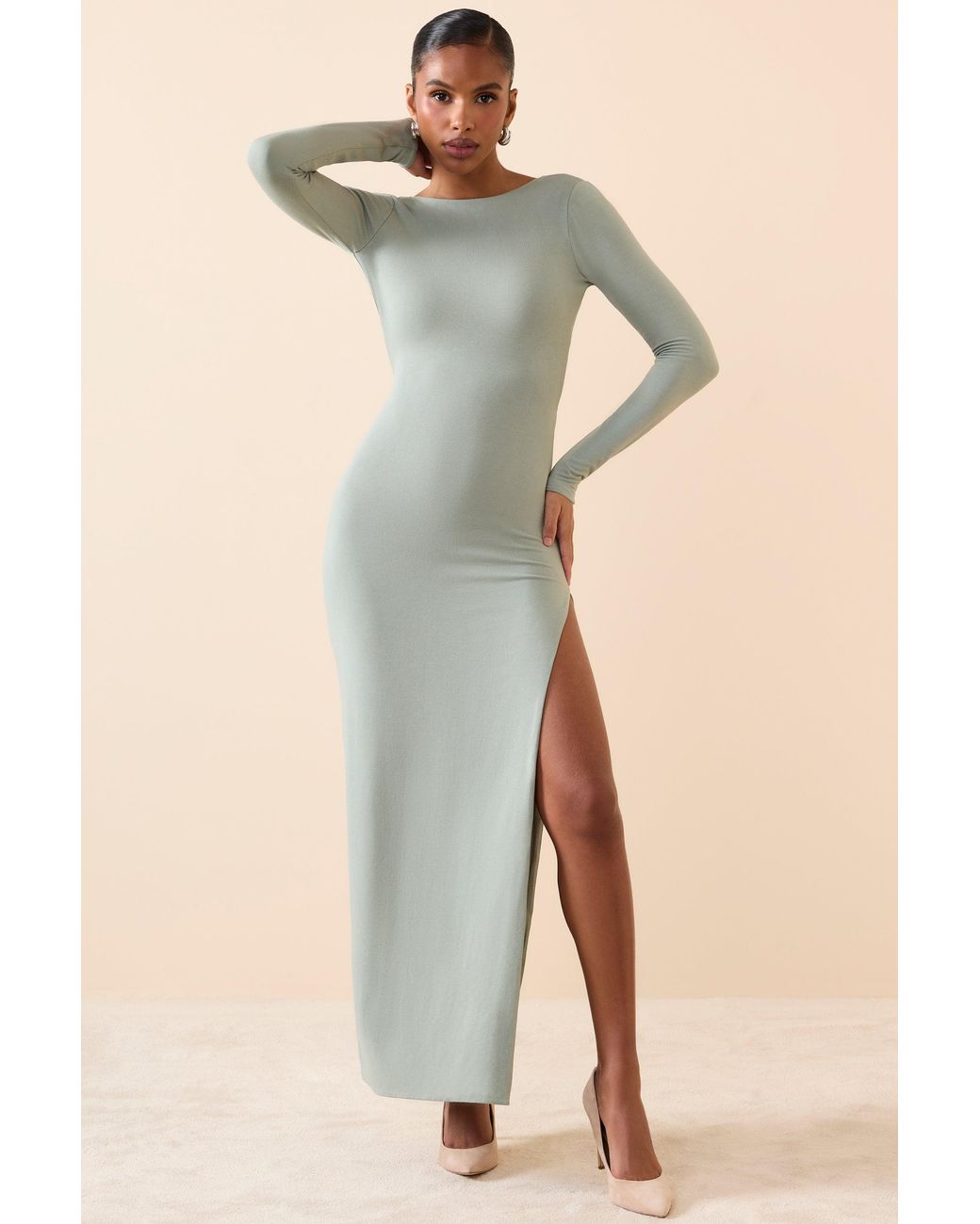 Oh Polly Green Long Sleeve Backless Maxi Dress