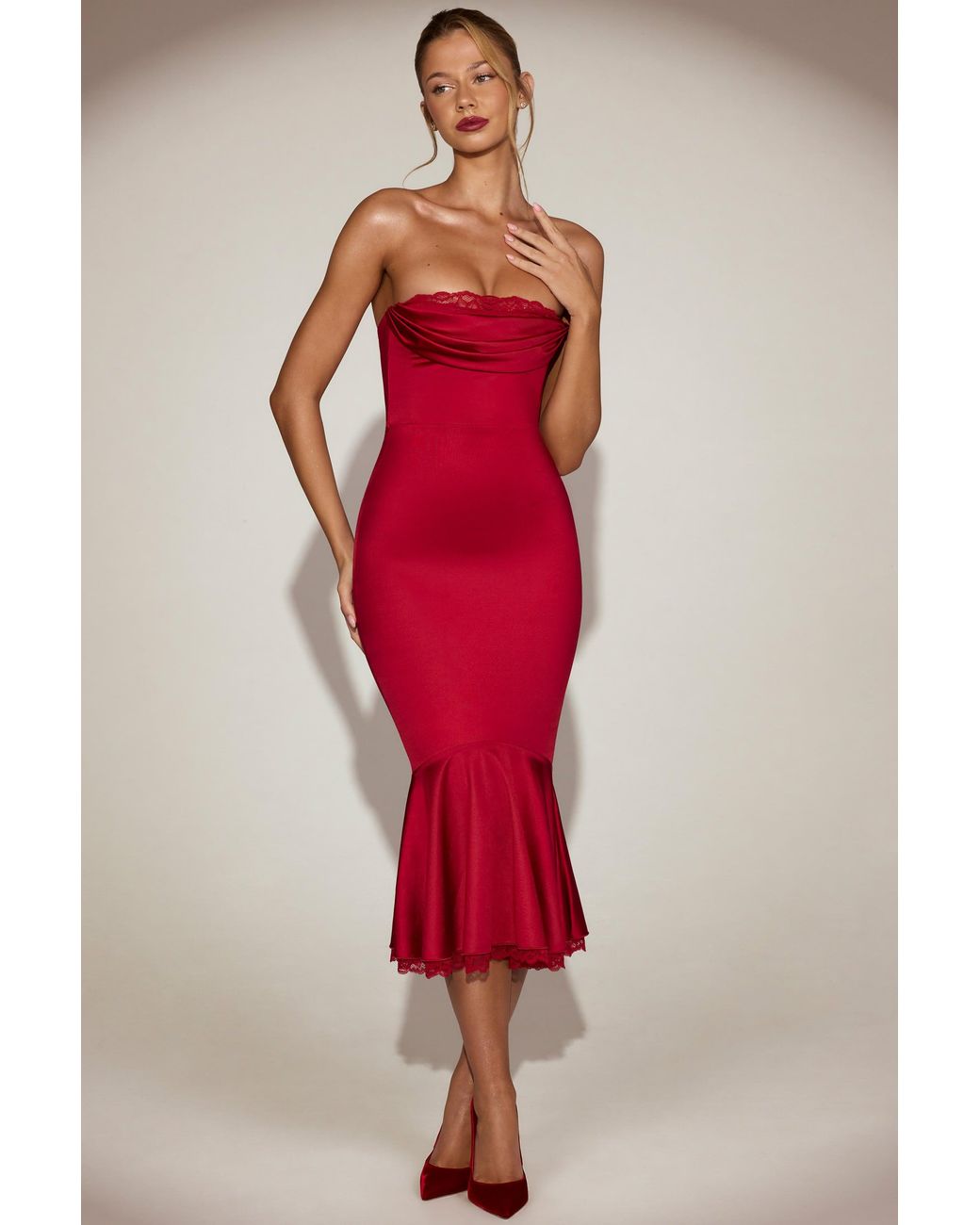 Oh Polly Red Satin Lace-Trim Bandeau Fluted Midaxi Dress