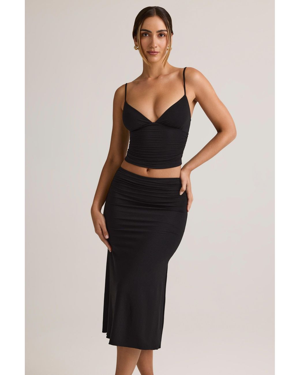 Oh Polly Black Modal V-Neck Ruched Camisole Top