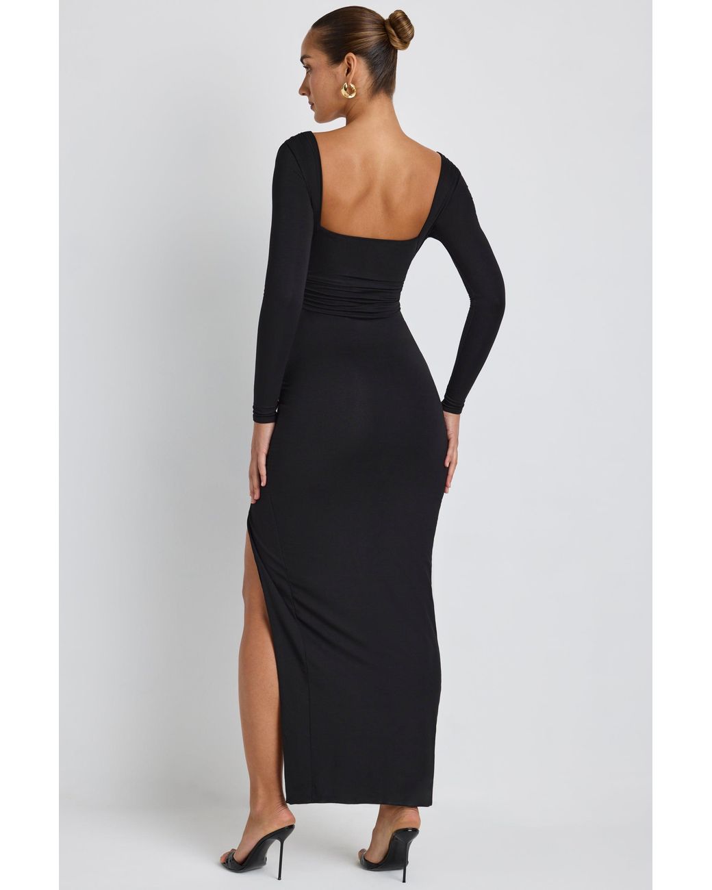 Oh Polly Black Modal Plunge Neck Long Sleeve Maxi Dress