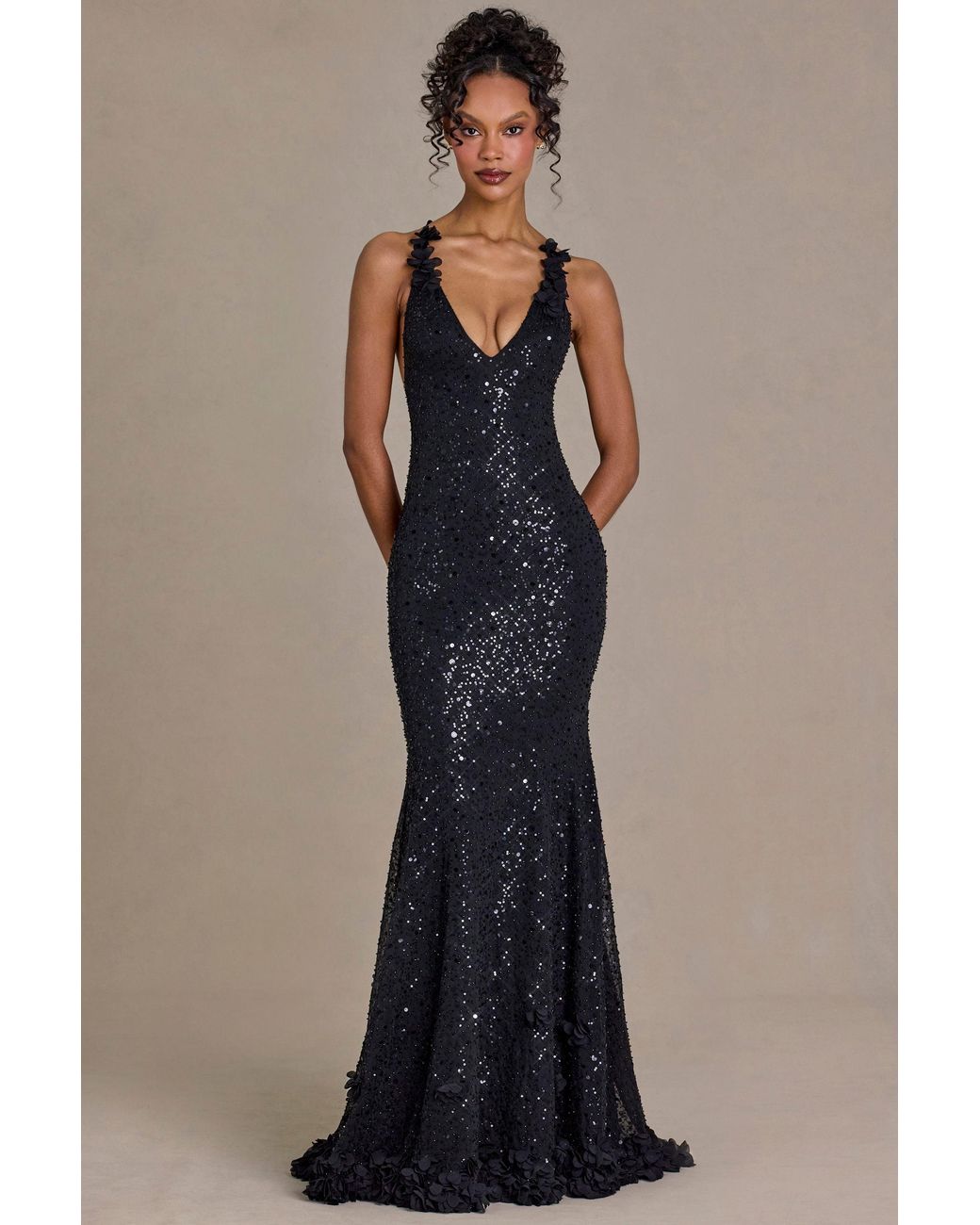 Oh Polly Black Embellished Plunge Open-Back Gown
