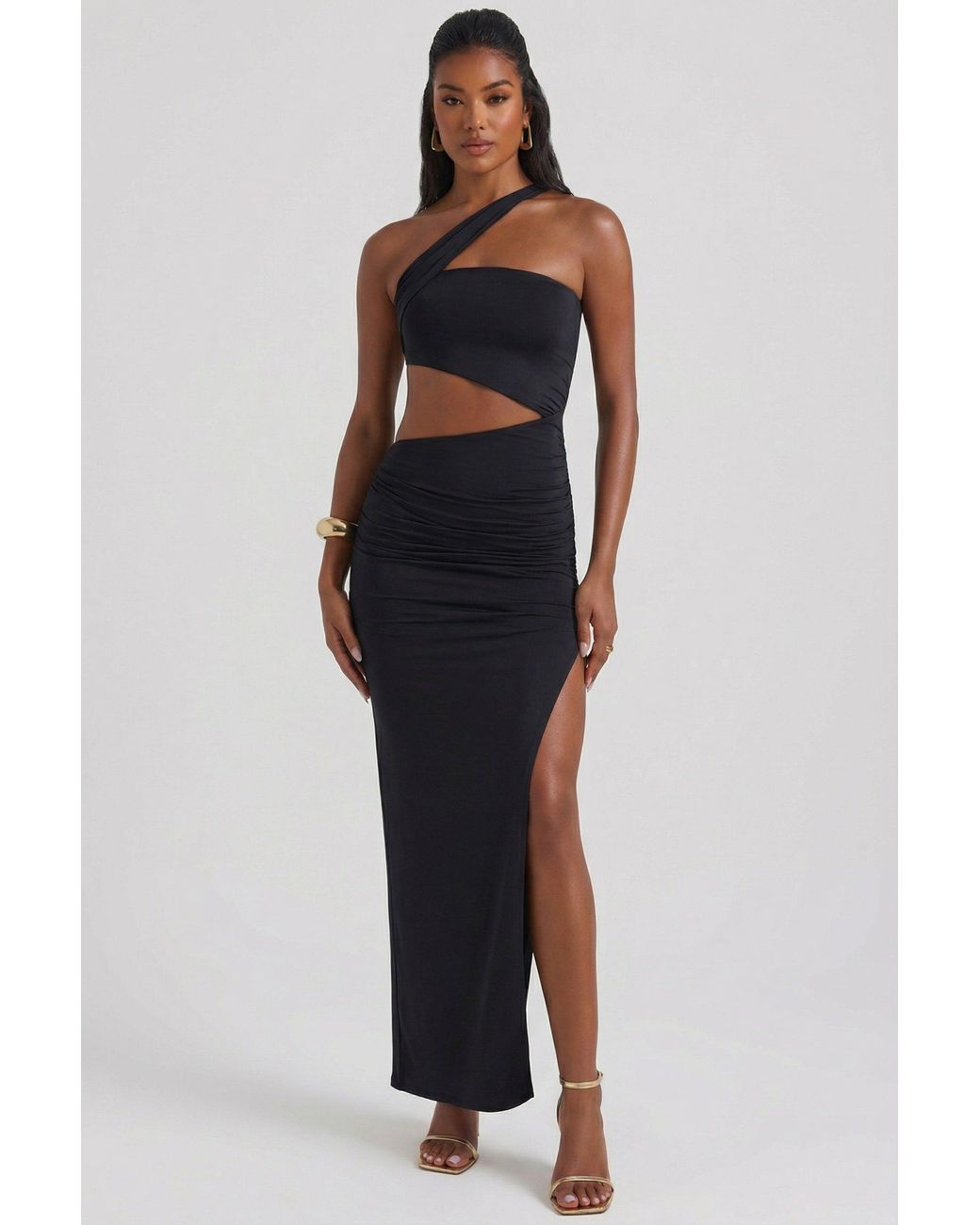 Oh Polly Black Asymmetric Neckline Ruched Cut Out Maxi Dress