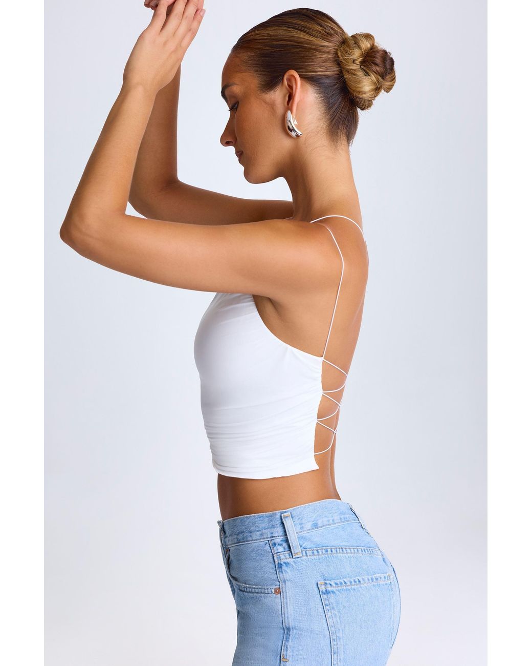 Oh Polly White One-Shoulder Lace-Up Top