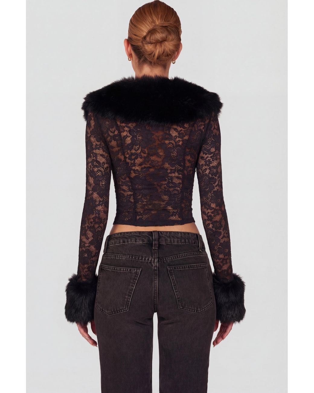 Oh Polly Black Sheer Lace Faux-Fur-Trim Cardigan