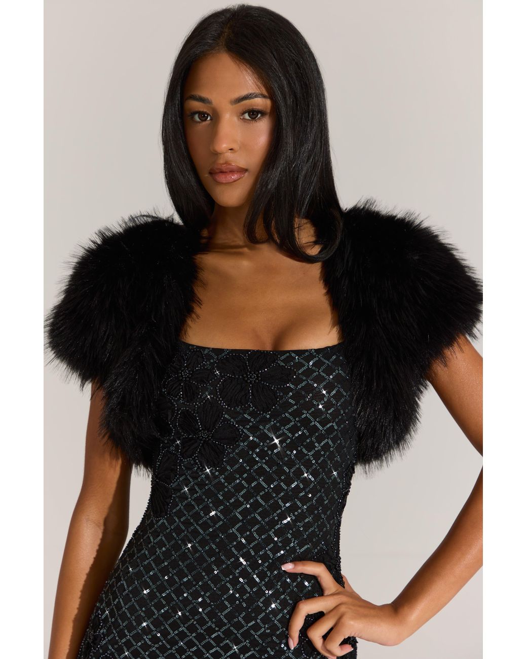 Oh Polly Black Faux-Fur Short Sleeve Bolero