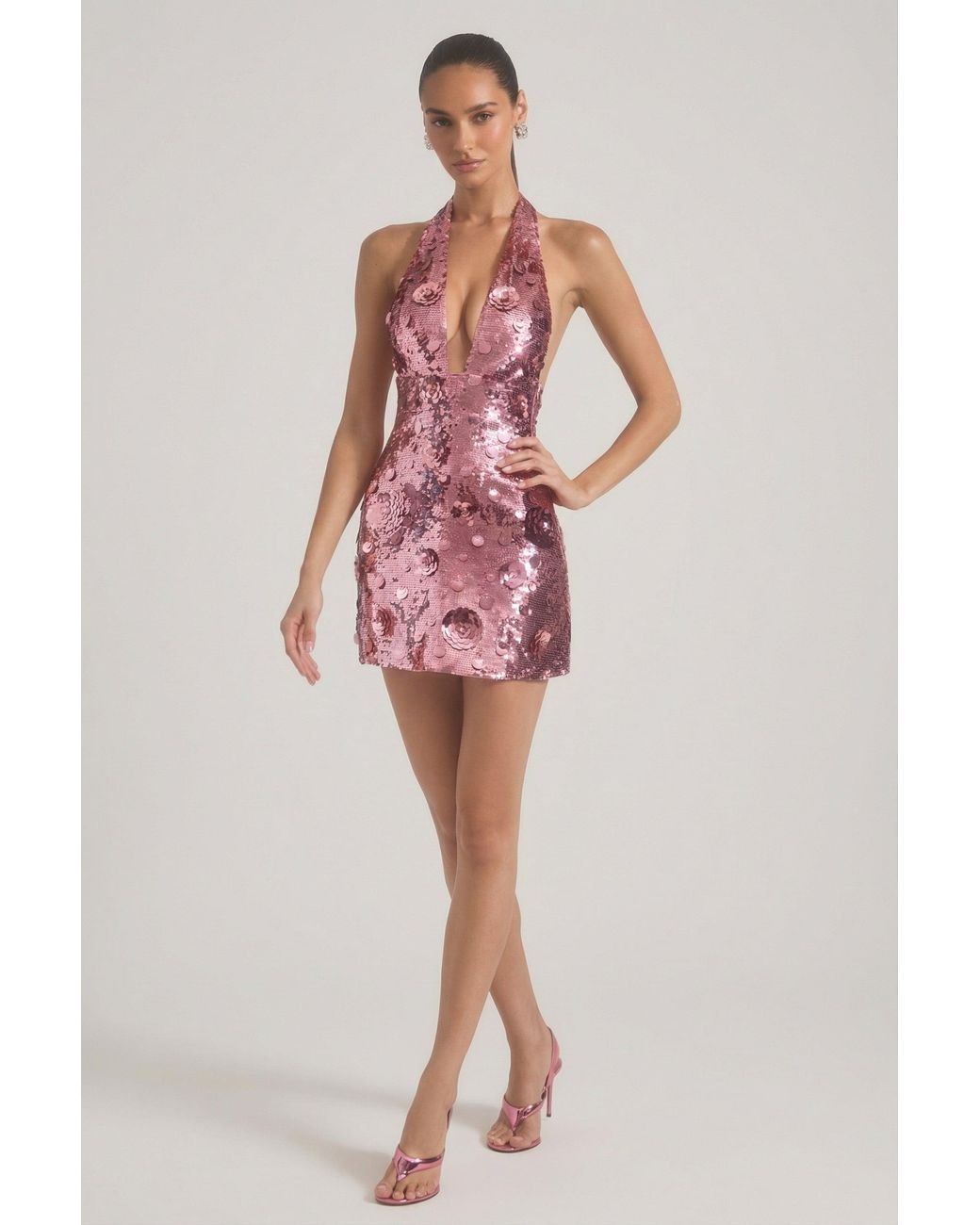 Oh Polly Pink Sequin-Embellished Halterneck Mini Dress