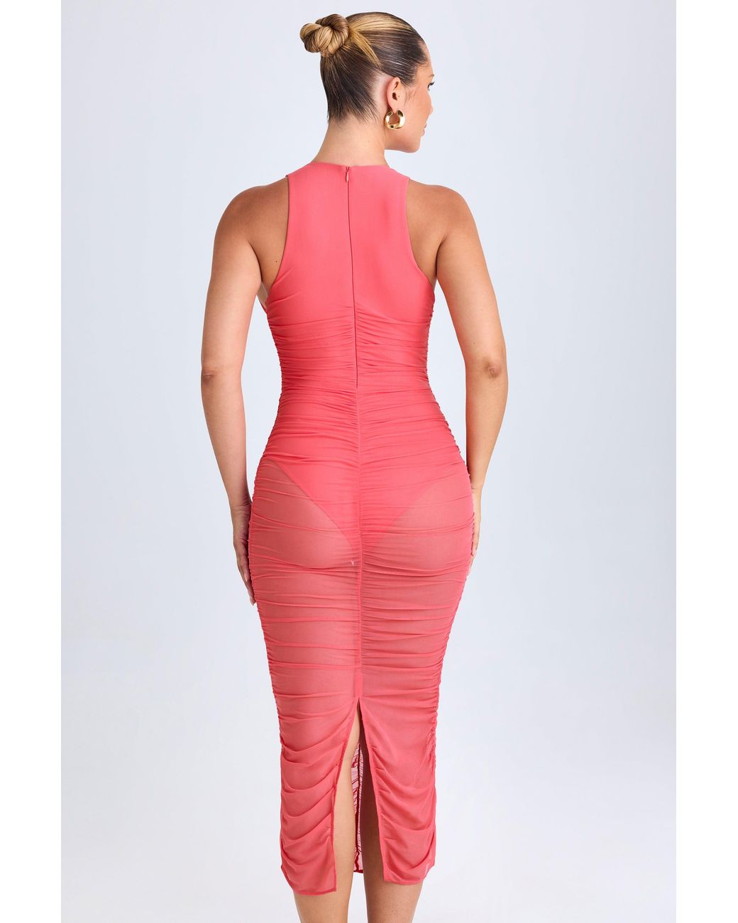 Oh Polly Pink Ruched Plunge Midaxi Dress