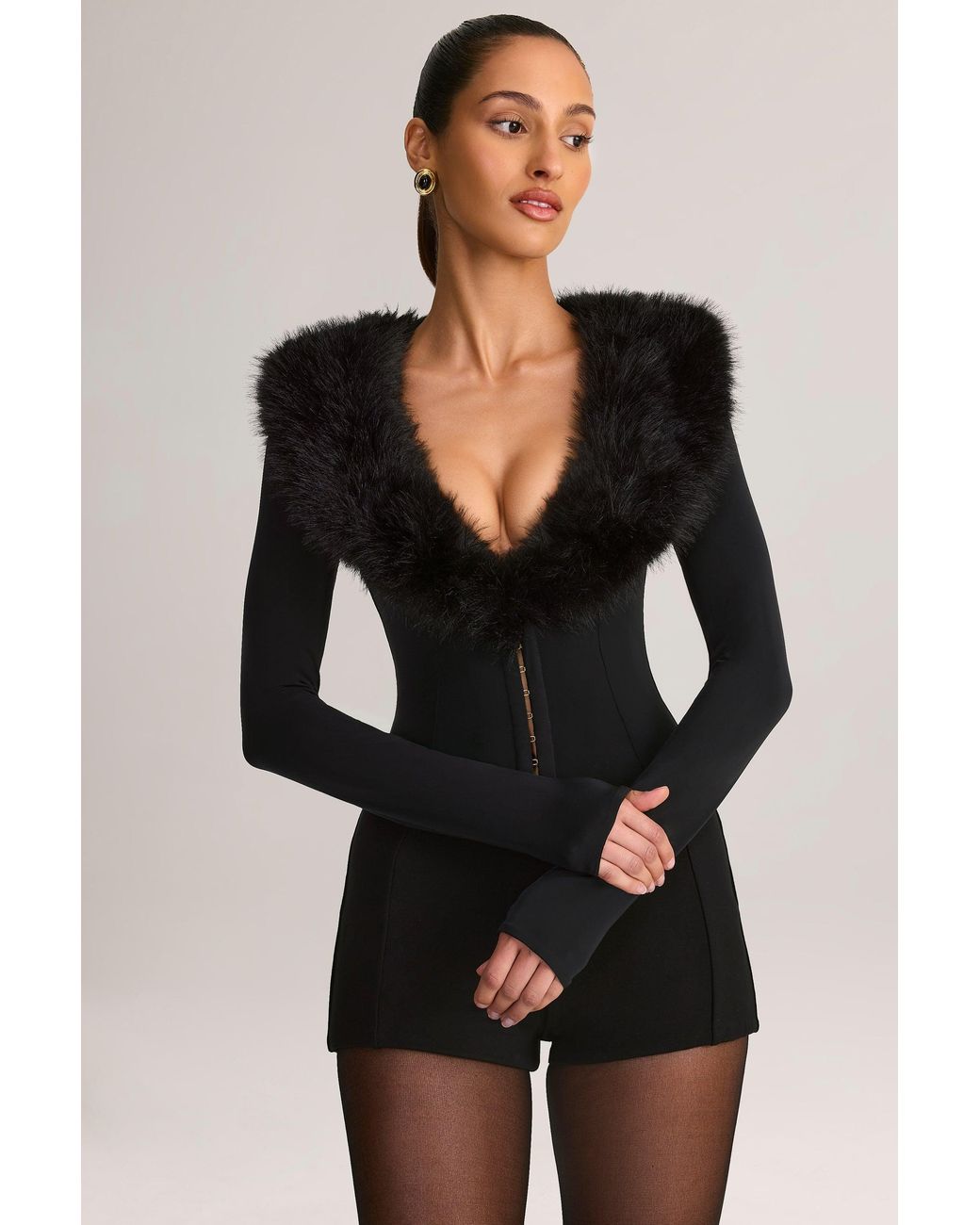 Oh Polly Black Faux Fur-Trim Corset Playsuit