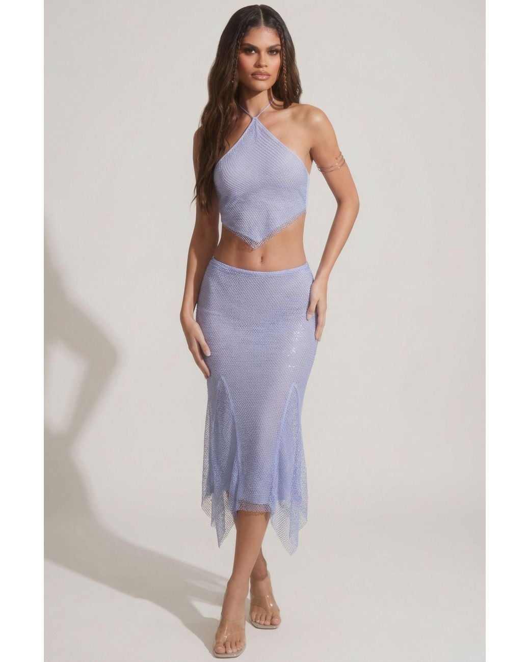Oh Polly Blue Embellished Handkerchief Hem Midaxi Skirt