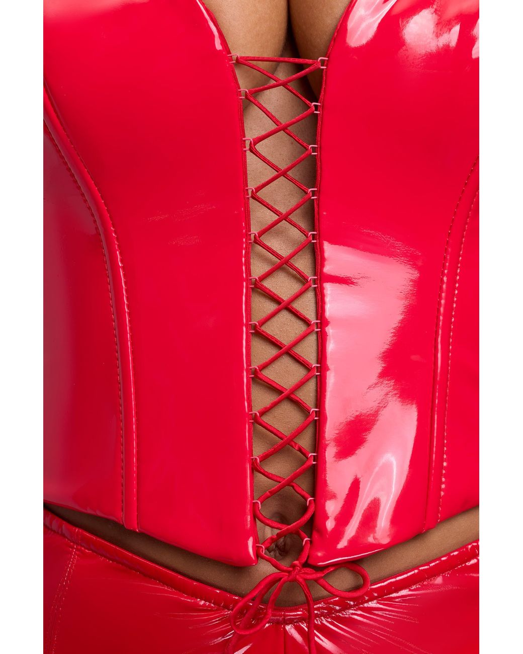 Oh Polly Red Vinyl Halter Neck Lace Up Corset Crop Top