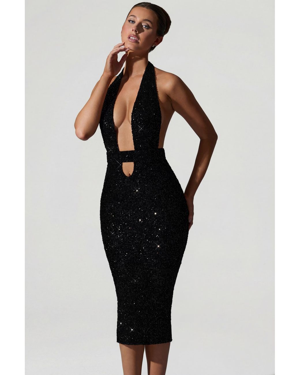 Oh Polly Black Embellished Cut-Out Open-Back Midaxi Dress
