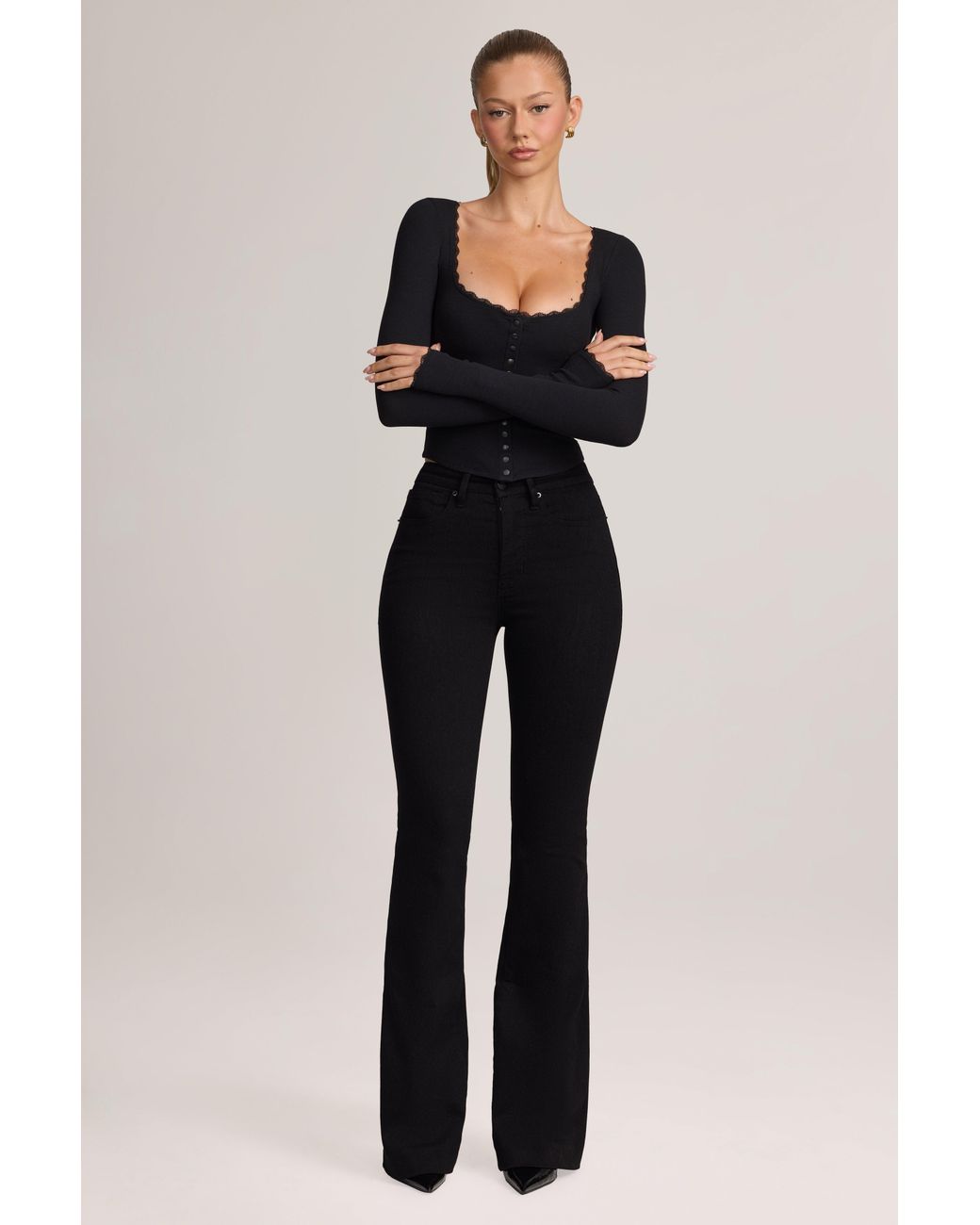 Oh Polly Black Ribbed Modal Lace-Trim Cardigan