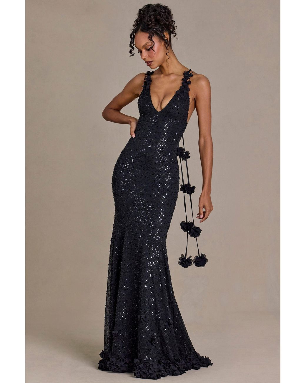 Oh Polly Black Embellished Plunge Open-Back Gown