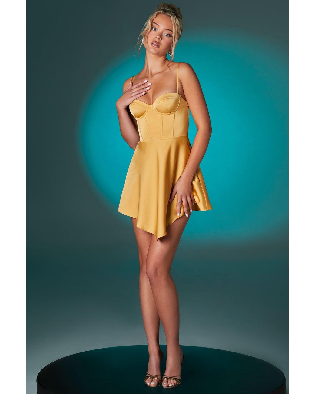 Oh Polly Metallic Asymmetric Hem Corset Mini Dress