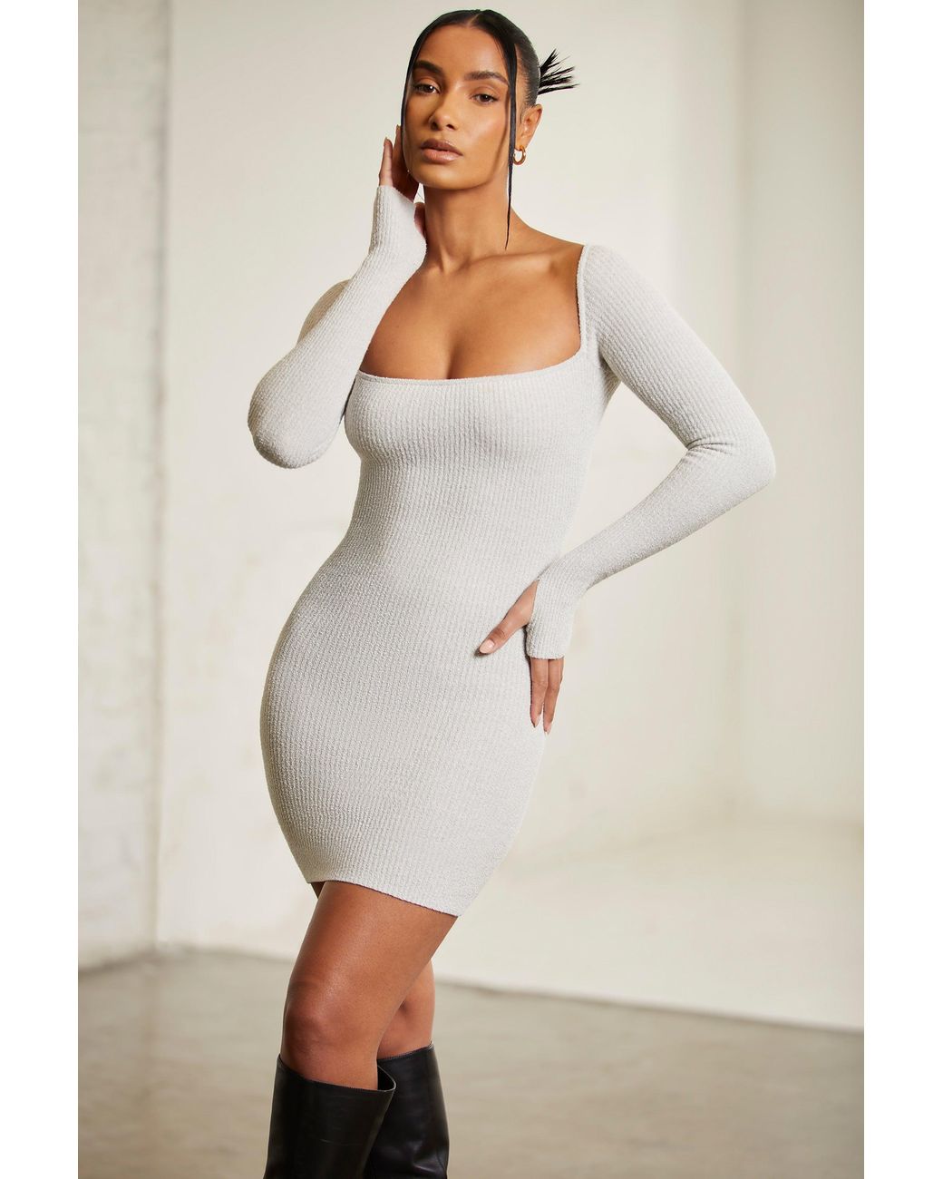 Oh Polly Gray Long Sleeve Square Neck Mini Dress