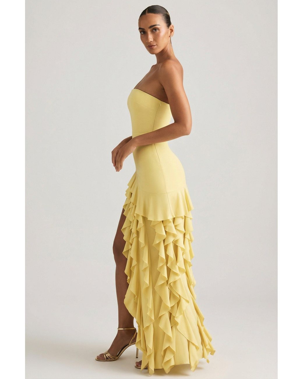 Oh Polly Yellow Ruffle-Trim Strapless Gown