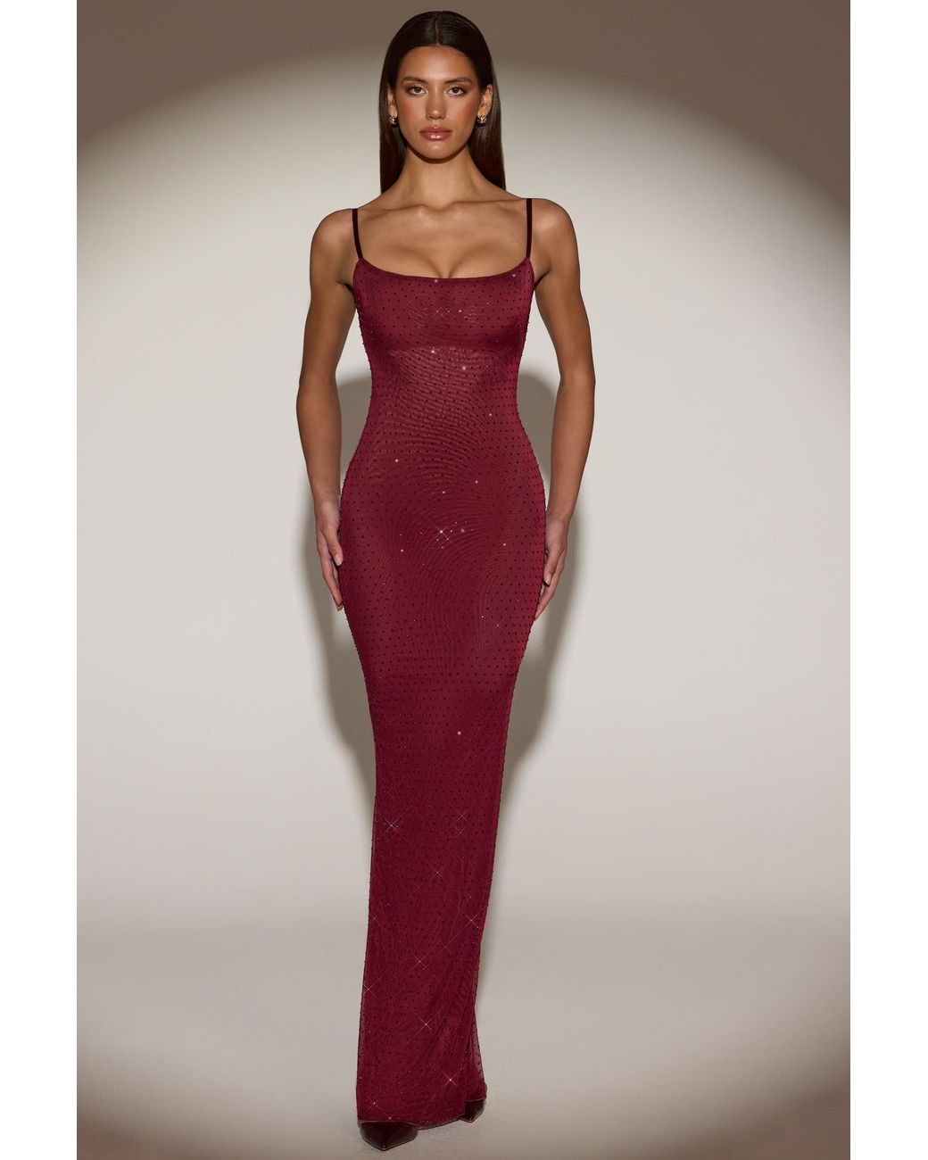 Oh Polly Red Sheer Embellished Backless Maxi Dress