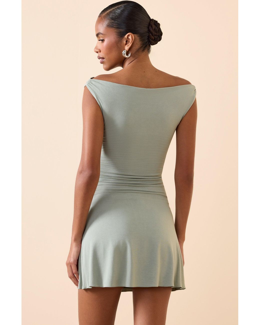 Oh Polly Green Modal Off-Shoulder Ruched A-Line Mini Dress