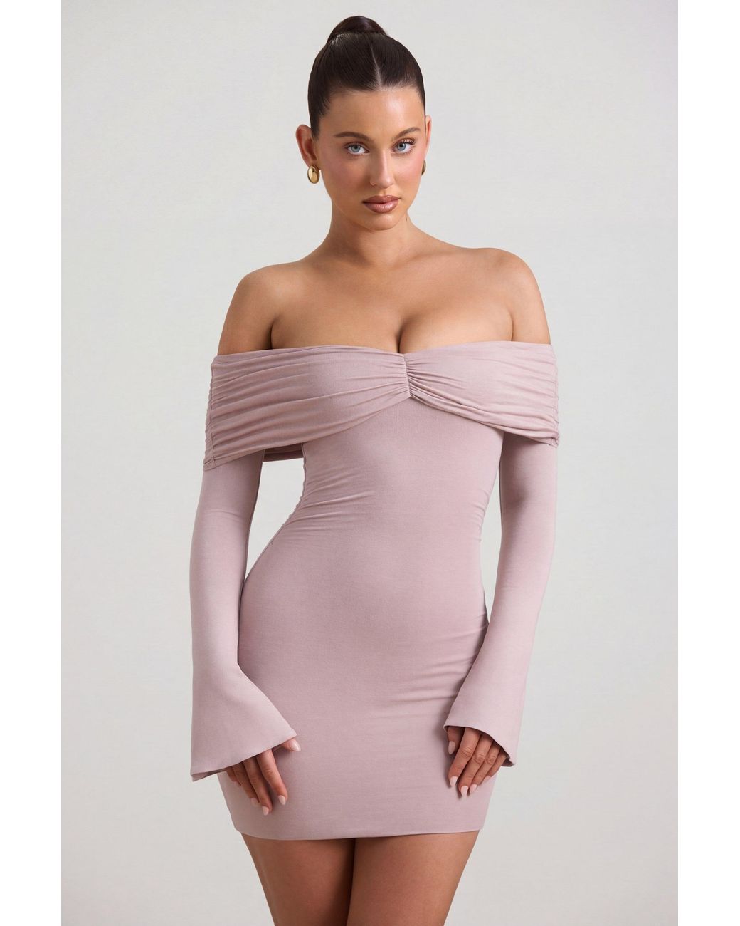 Oh Polly Natural Modal-Cashmere Blend Off-Shoulder Ruched Mini Dress