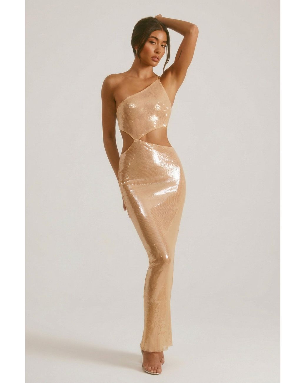 Oh Polly Natural Sheer Sequin One Shoulder Cut Out Maxi Dress