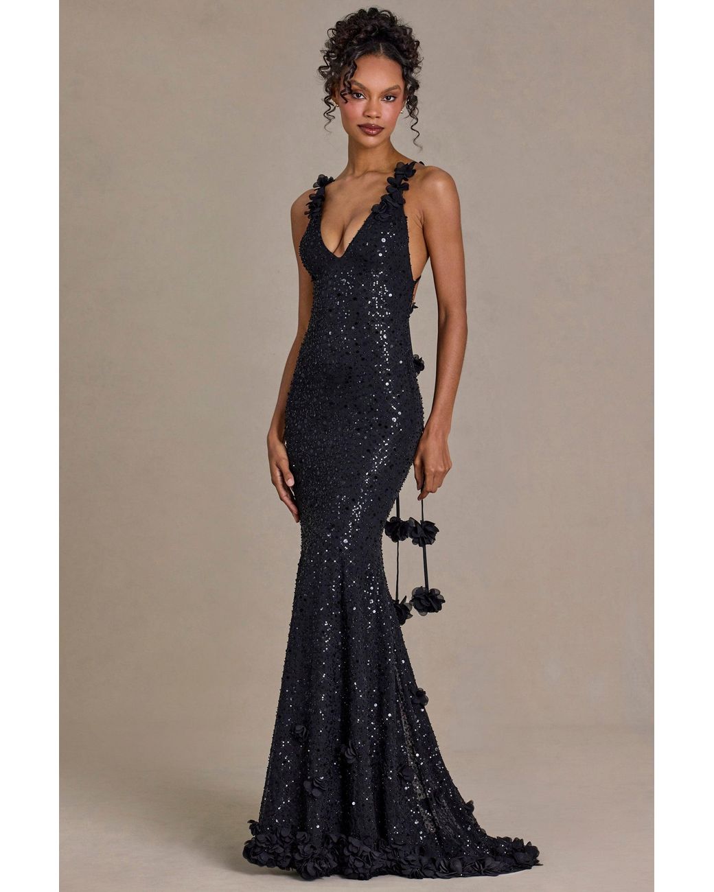 Oh Polly Black Embellished Plunge Open-Back Gown
