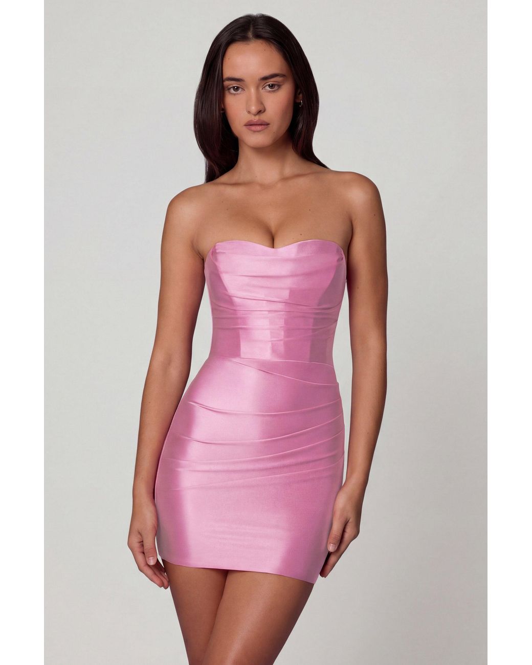 Oh Polly Pink Ruched Bandeau Mini Dress