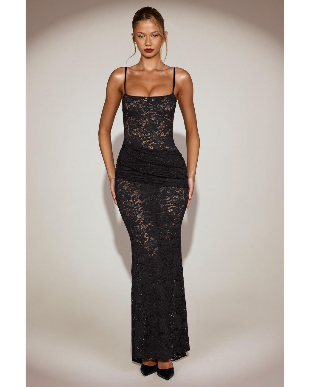 Oh Polly Black Sheer Lace Square-Neck Ruched Gown