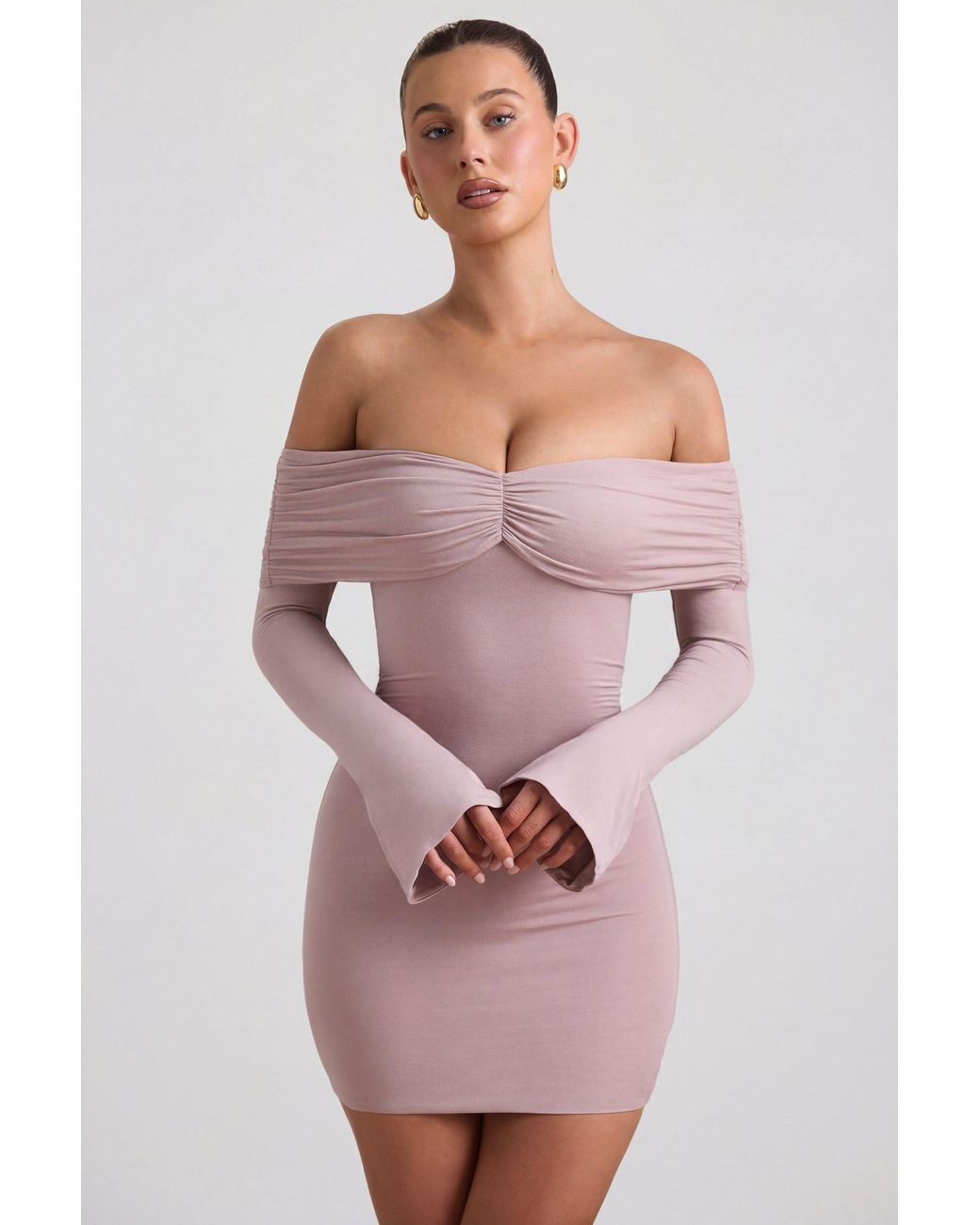 Oh Polly Natural Modal-Cashmere Blend Off-Shoulder Ruched Mini Dress