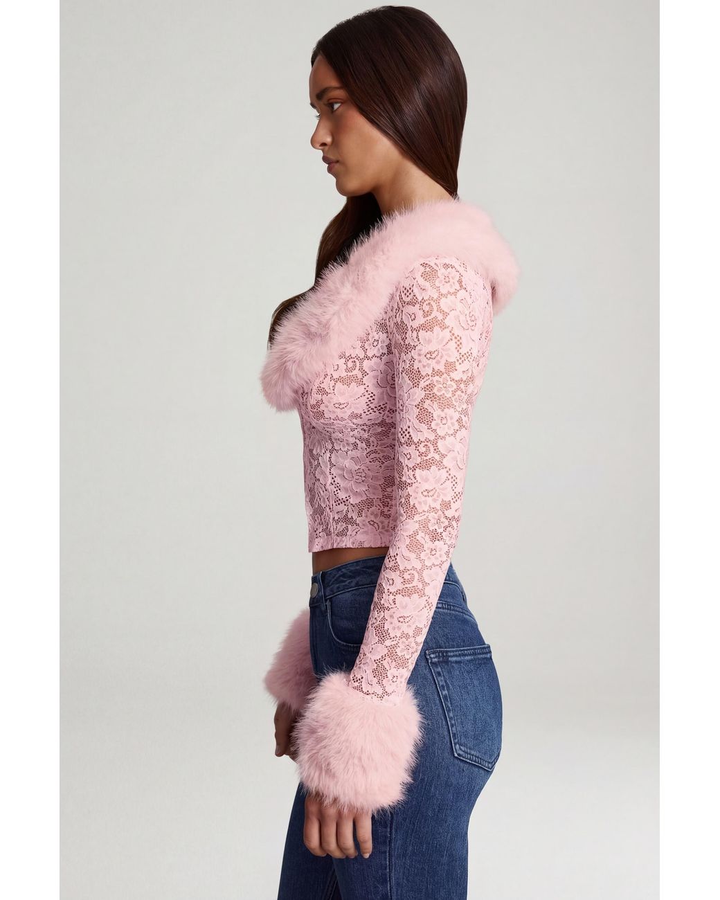 Oh Polly Pink Sheer Lace Faux-Fur-Trim Cardigan