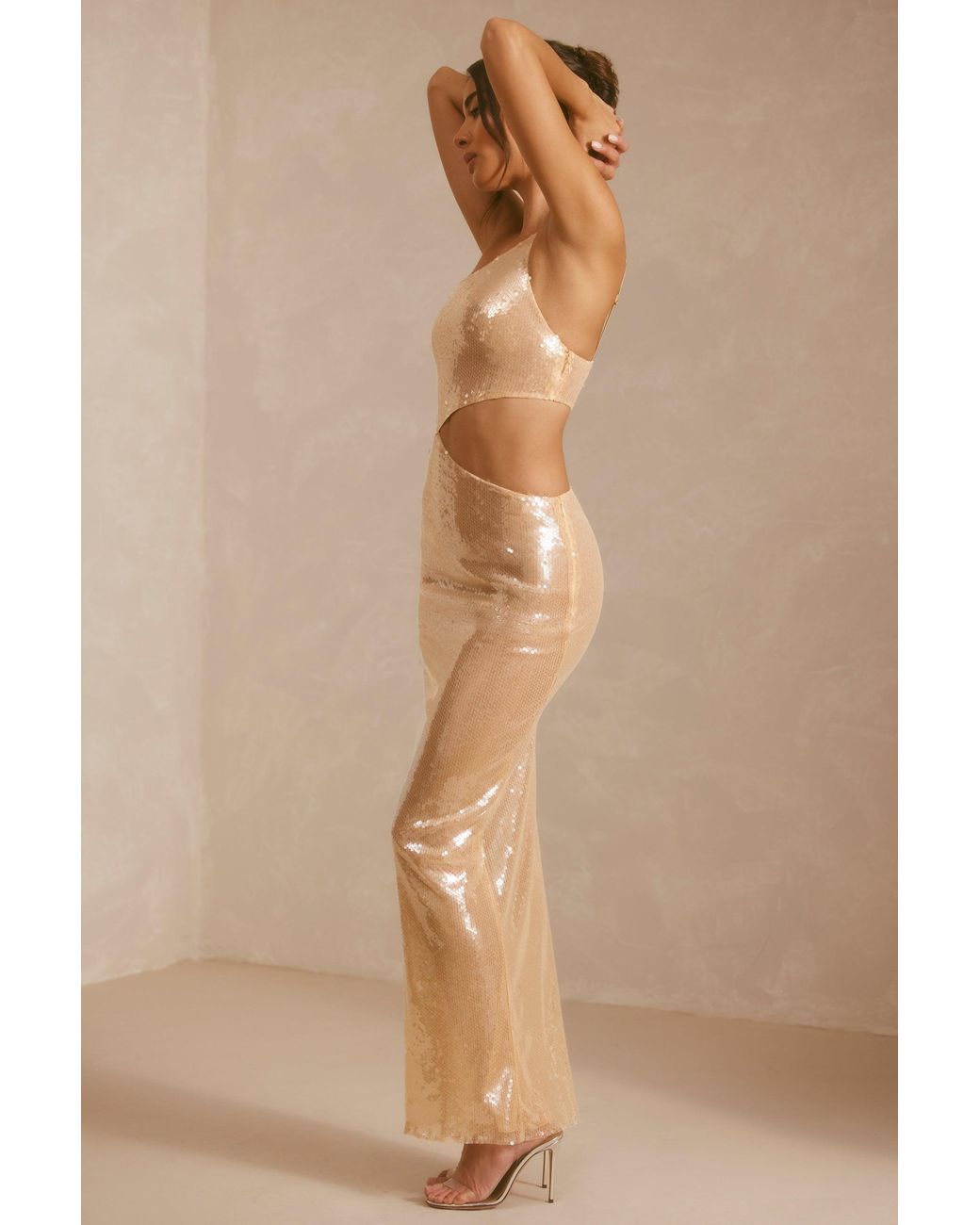 Oh Polly Natural Sheer Sequin One Shoulder Cut Out Maxi Dress