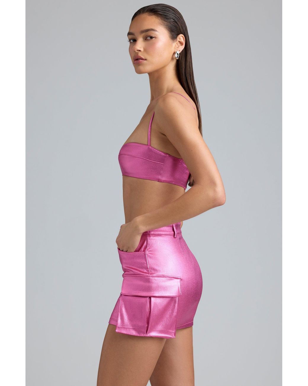 Oh Polly Pink Metallic Denim Mid-Rise Cargo Mini Skirt