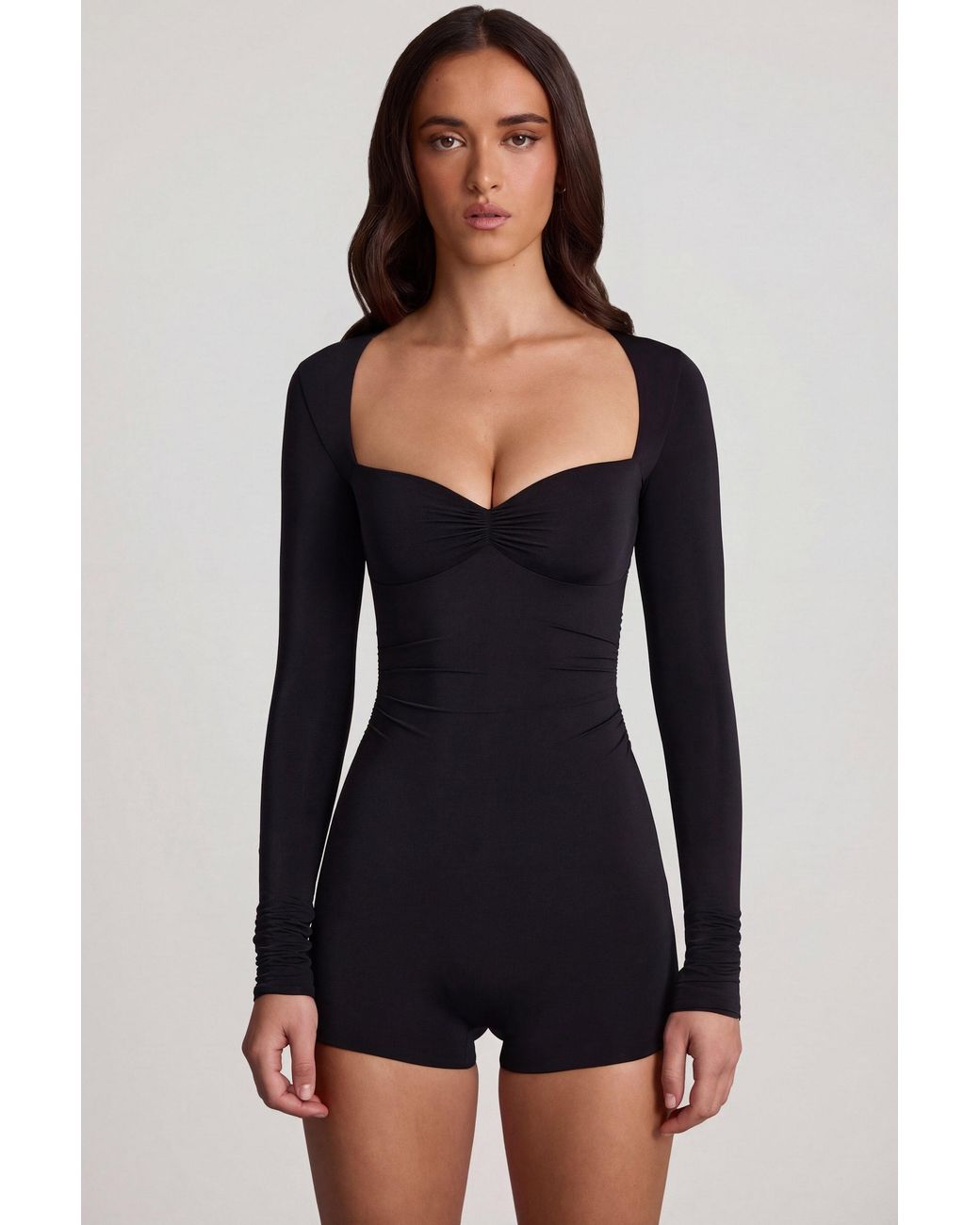 Oh Polly Black Soft Jersey Sweetheart Long-Sleeve Mini Playsuit