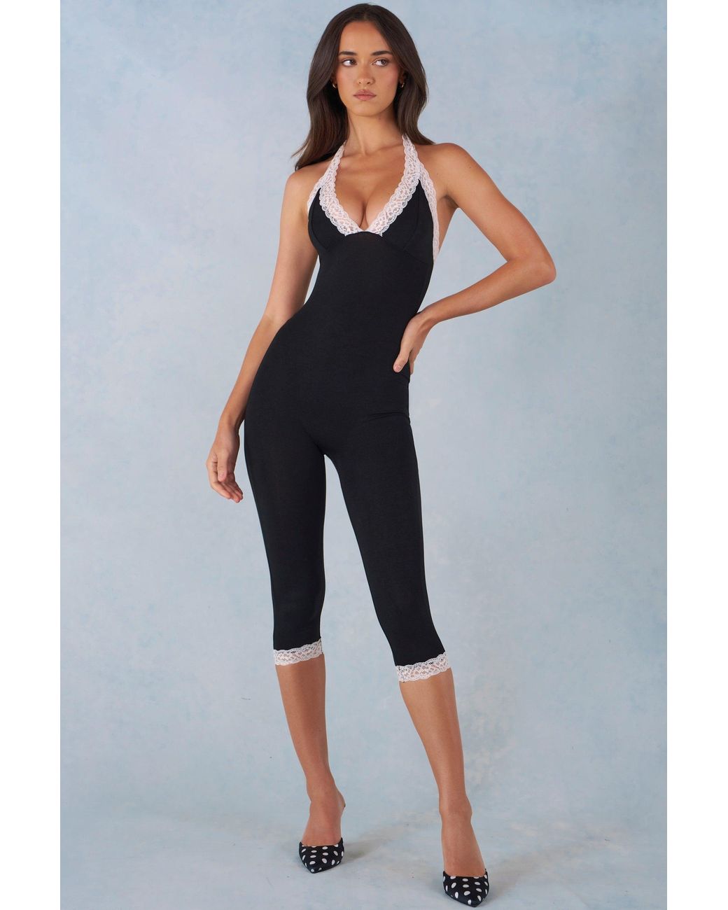Oh Polly Black Modal Lace-Trim Capri Jumpsuit