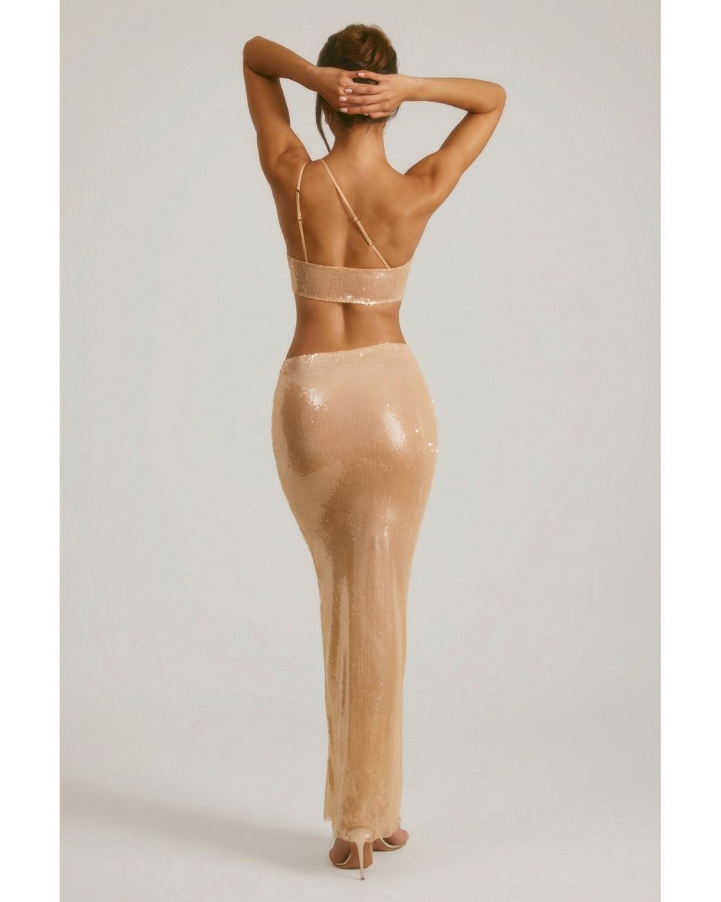 Oh Polly Natural Sheer Sequin One Shoulder Cut Out Maxi Dress