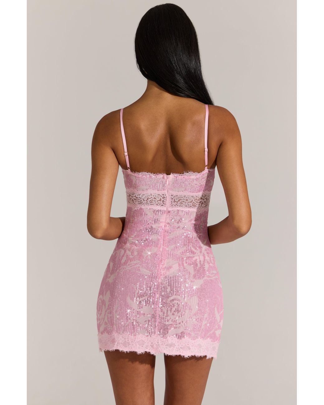 Oh Polly Pink Embellished Lace-Trim Mini Dress