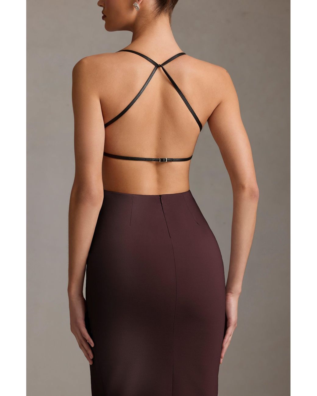 Oh Polly Brown Plunge-Neck Backless Midaxi Dress