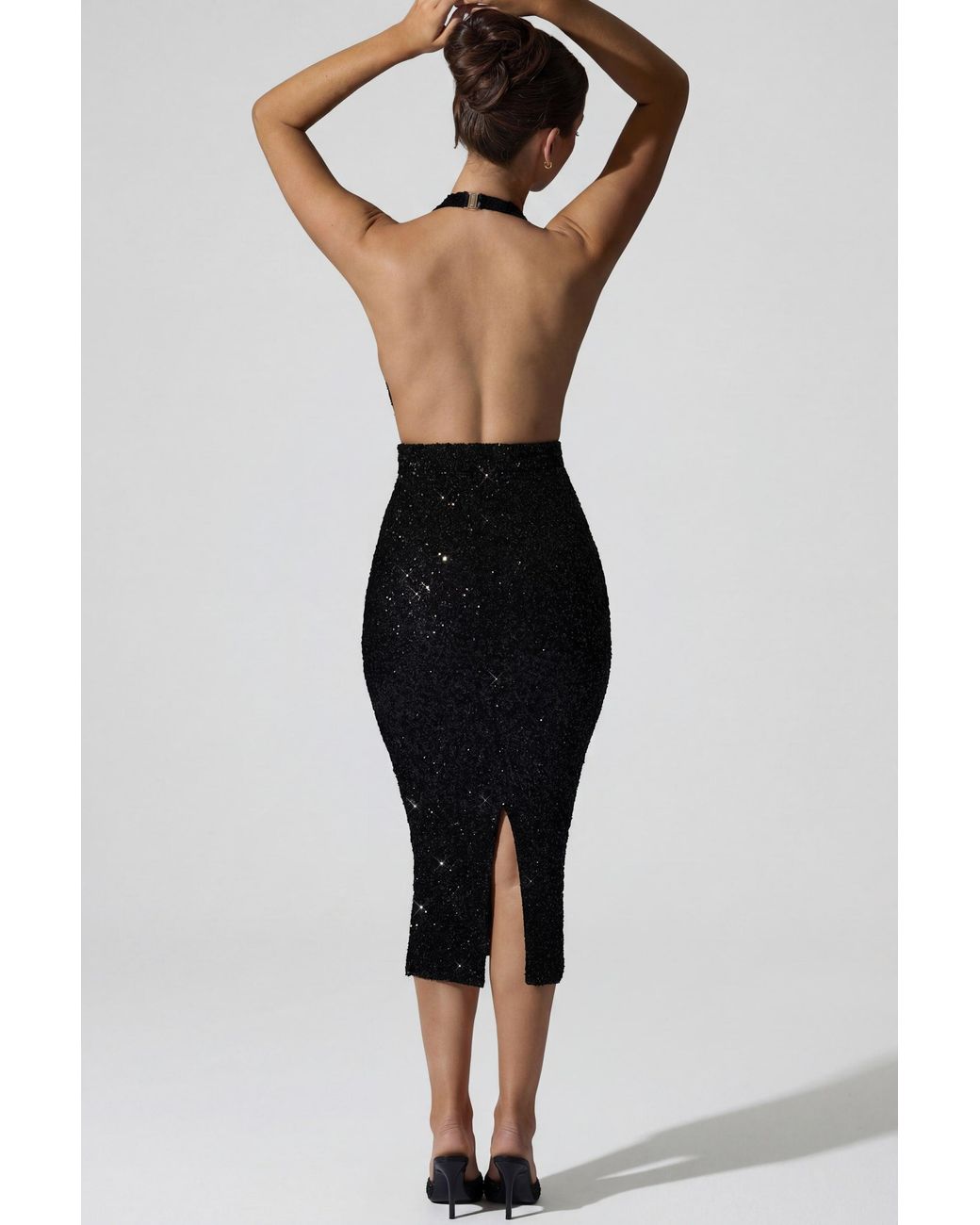 Oh Polly Black Embellished Cut-Out Open-Back Midaxi Dress