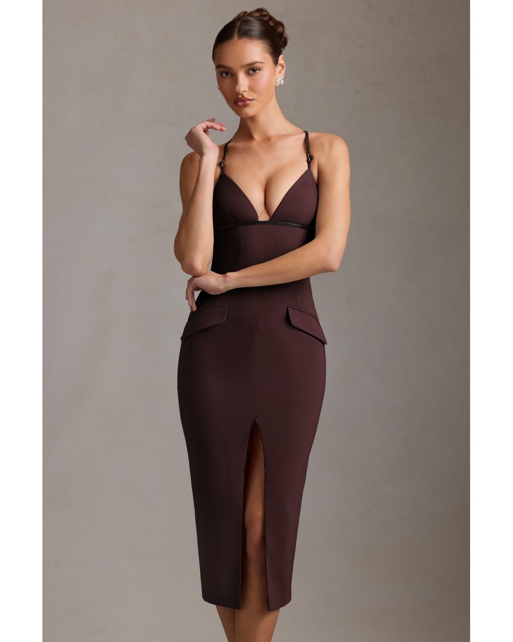 Oh Polly Brown Plunge-Neck Backless Midaxi Dress