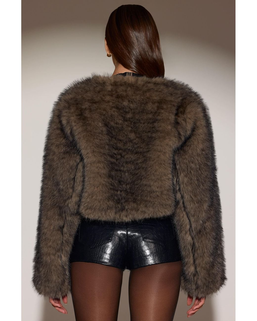 Oh Polly Brown Cropped Faux-Fur Jacket