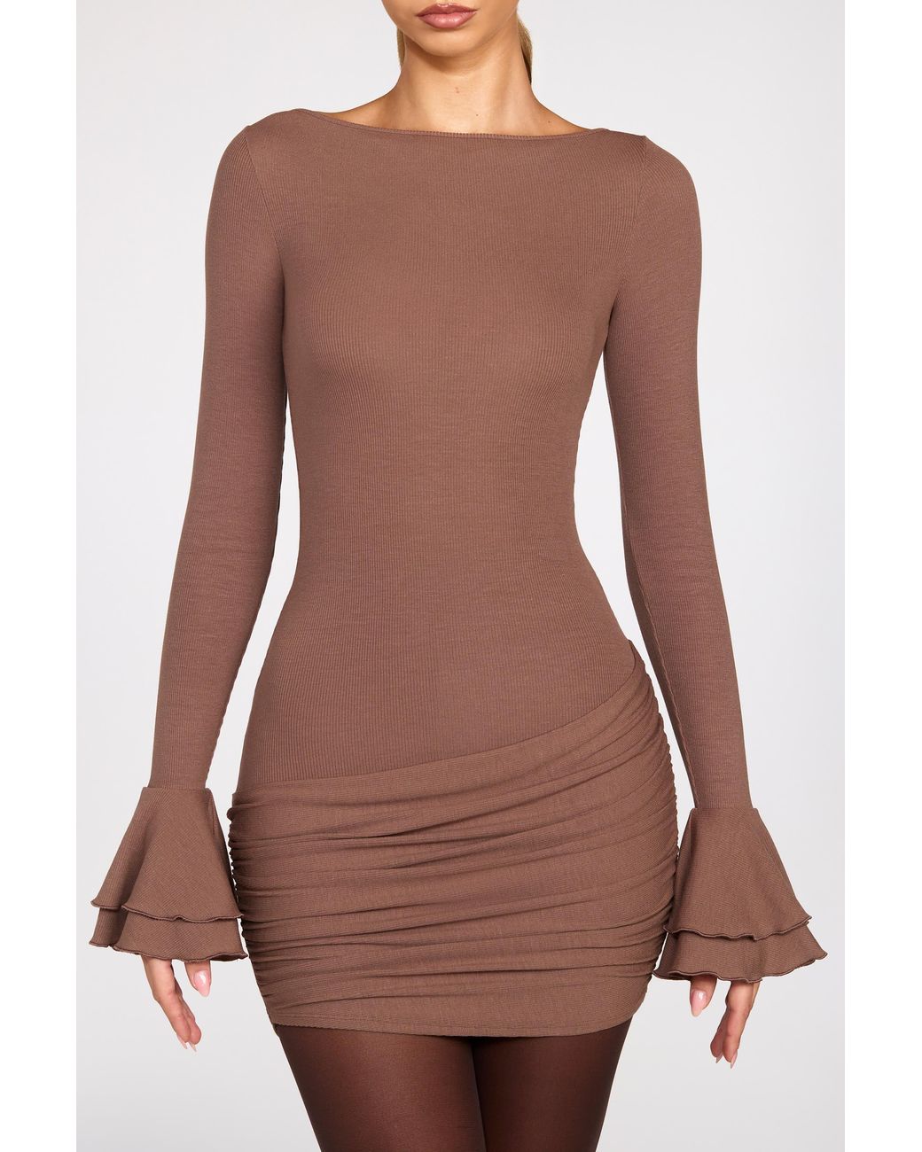Oh Polly Brown Ribbed Modal Long-Sleeve Draped Mini Dress