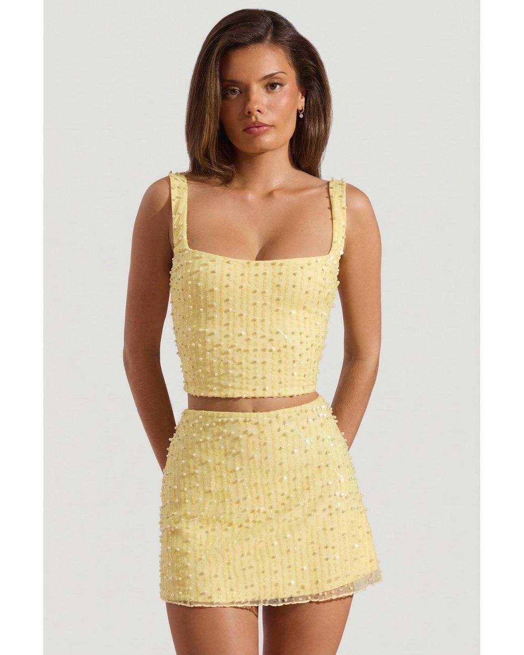 Oh Polly Yellow Embellished Square-Neck Crop Top