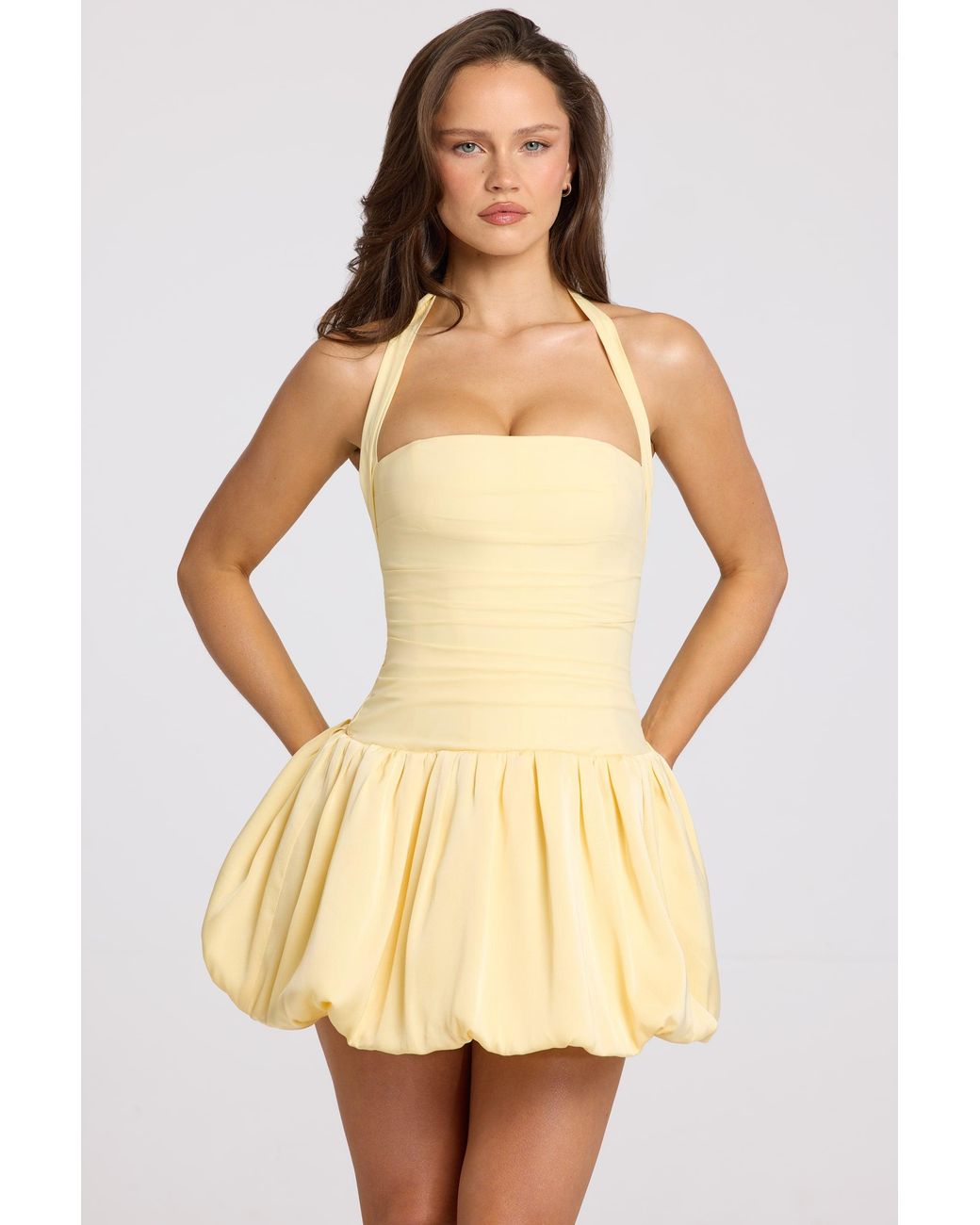 Oh Polly Yellow Halterneck Lace-Up Bubble Hem Corset Micro Mini Dress