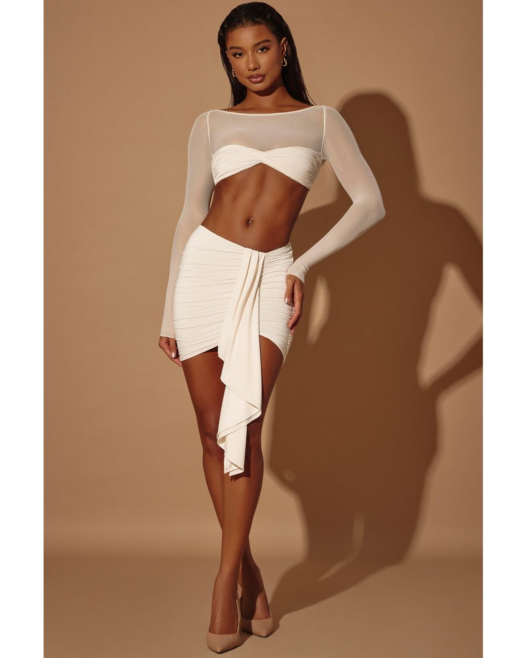 Oh Polly White Sheer Panelled Long Sleeve Crop Top