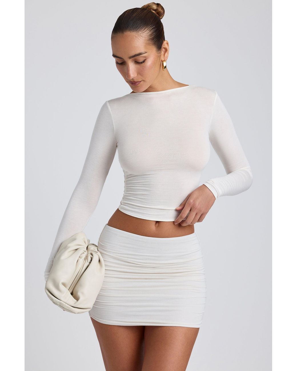 Oh Polly White Modal Ruched Long-Sleeve Top