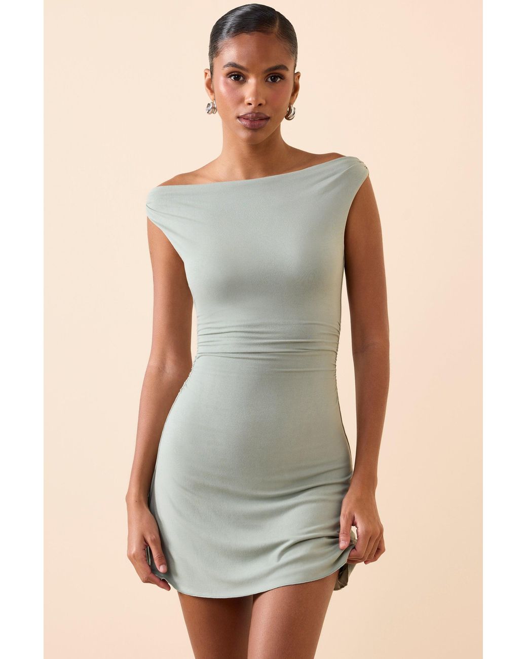 Oh Polly Green Modal Off-Shoulder Ruched A-Line Mini Dress