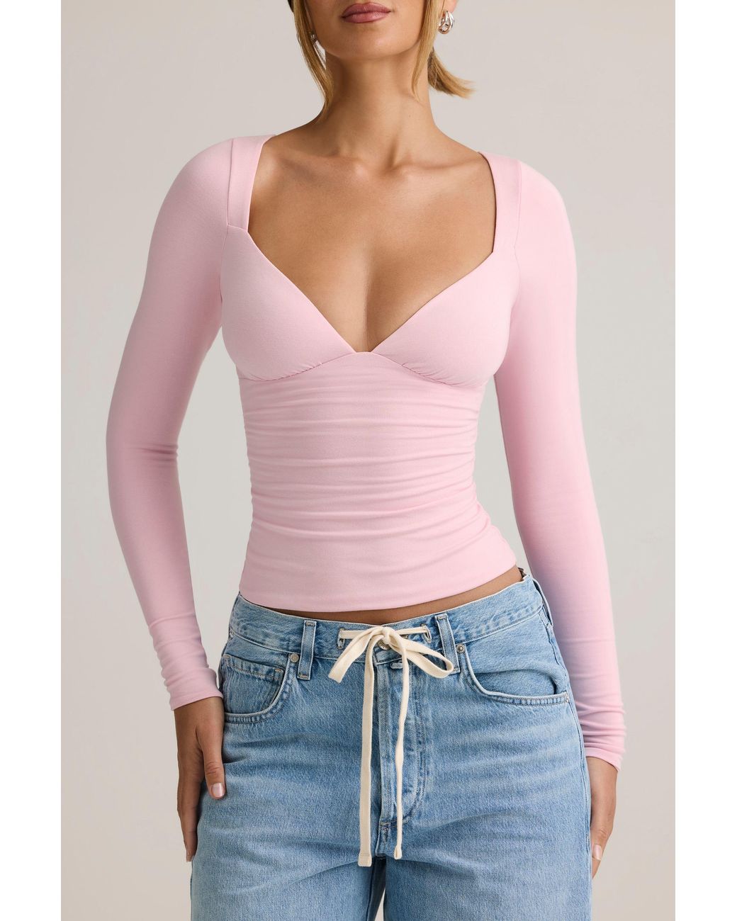 Oh Polly Pink Modal Ruched Long-Sleeve Top
